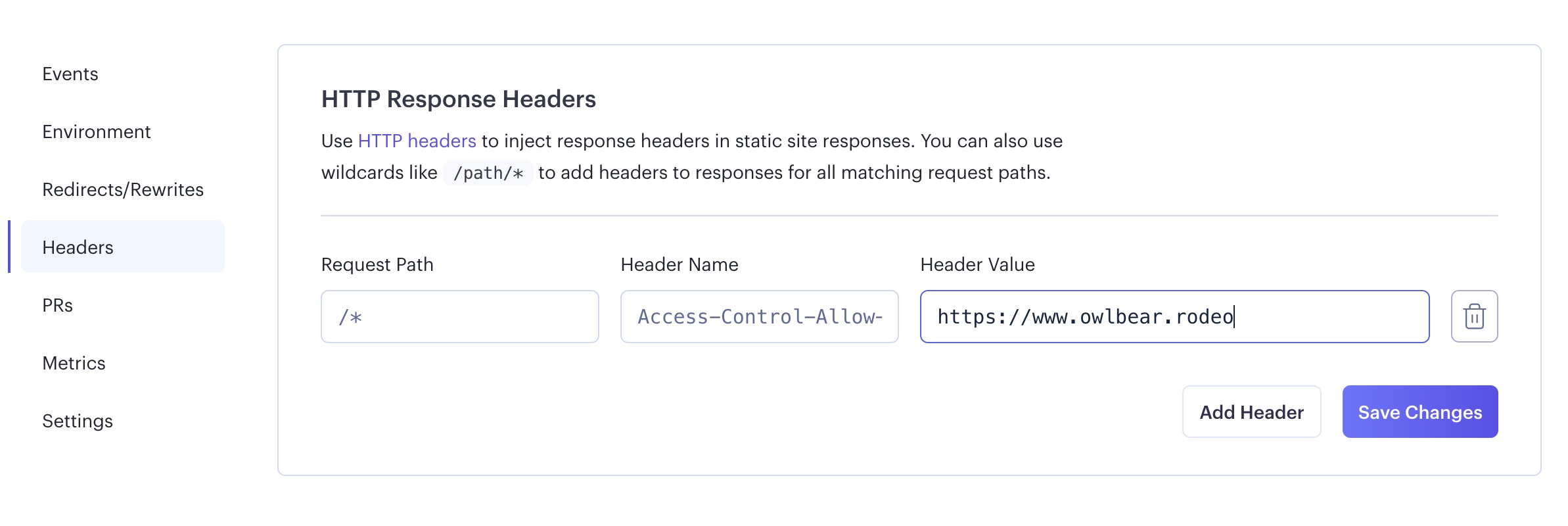 Render headers configuration