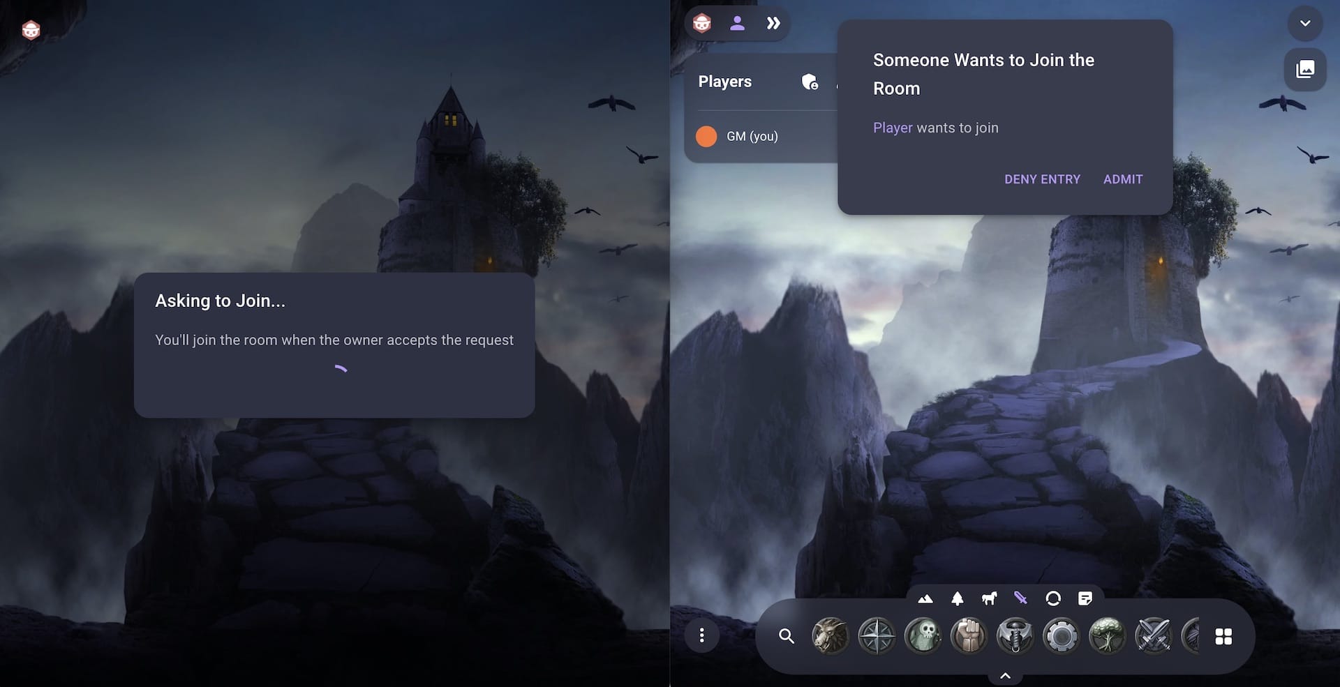 Player requesting to join (left) and GM waiting to accept (right)